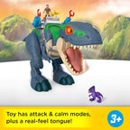Fisher-Price Imaginext Jurassic World Rebirth Dinosaur Playset, Ultimate Action Chomp T. rex Juguete de dinosaurio de 18 pulgadas con luces, sonidos, movimiento y 2 figuras de acción de 3 pulgadas