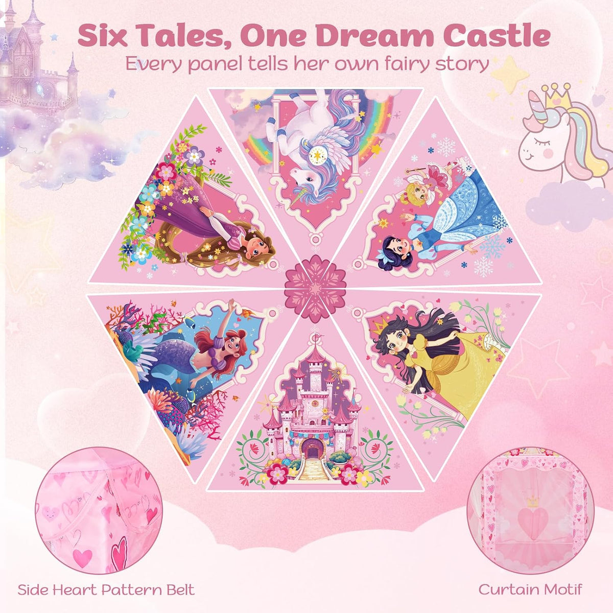 Tienda de campaña hexagonal de princesa para niñas, gran castillo interior con bolsa de transporte, rincón de lectura de ensueño y espacio de juego imaginativo, cumpleaños, San Valentín, idea de regalo de Pascua para niños de 3 a 8 años