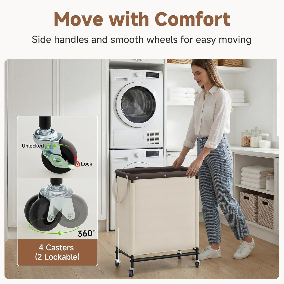 StorageWorks 2 Sección de Cesta de Lavandería, 100L Beige Clasificador con Ruedas