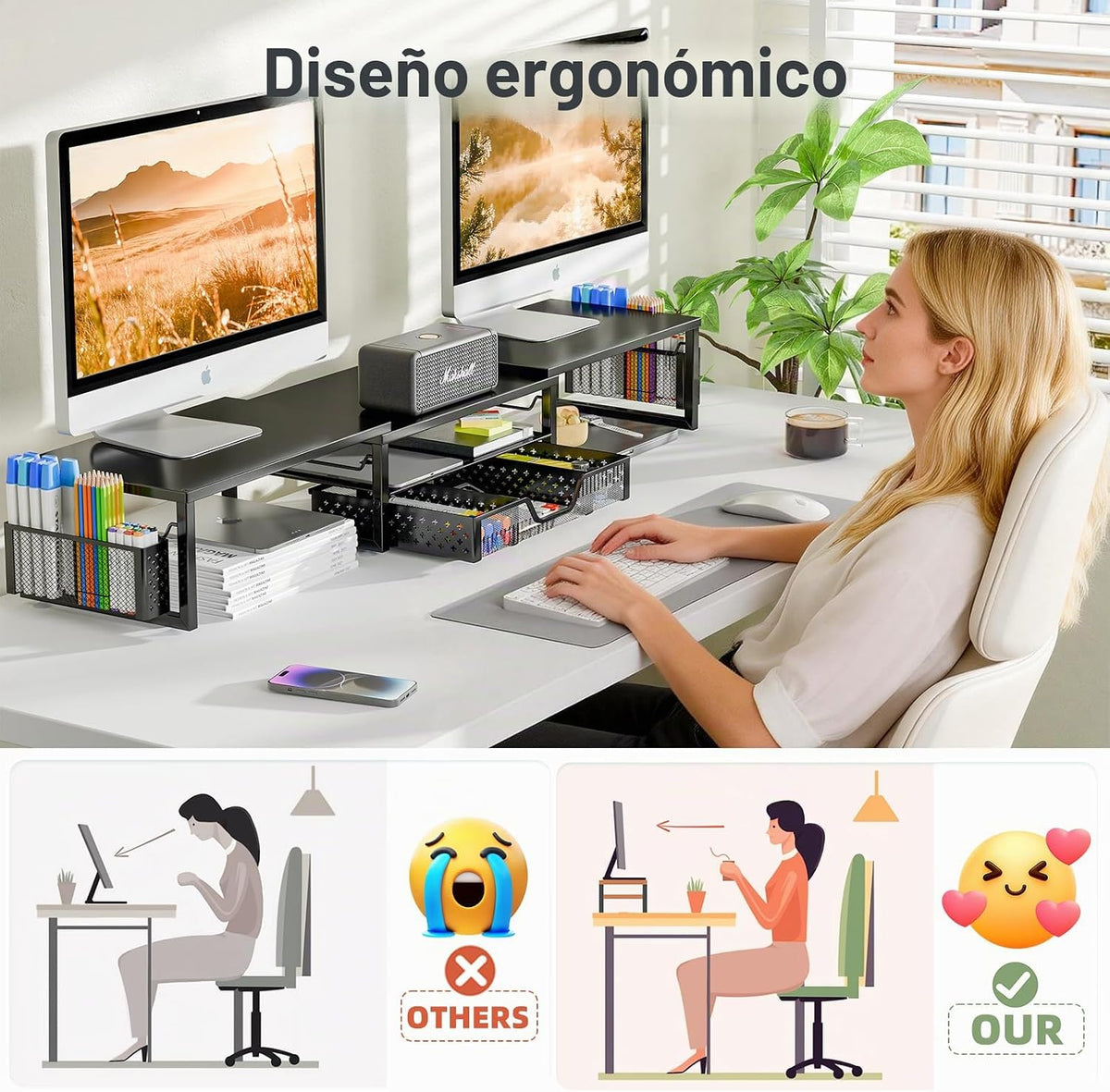 Simple Trending - Soporte doble para monitor con cajón y 2 soportes para