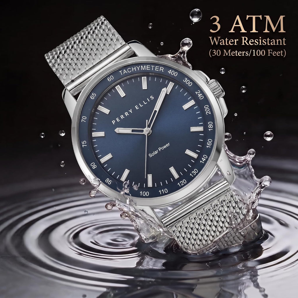 Perry Ellis Reloj para hombre con energía solar | Correa de malla de acero | Relojes de pulsera analógicos resistentes al agua para hombre | Caja de 43mm | Bisel de tacómetro de aluminio | Elegante