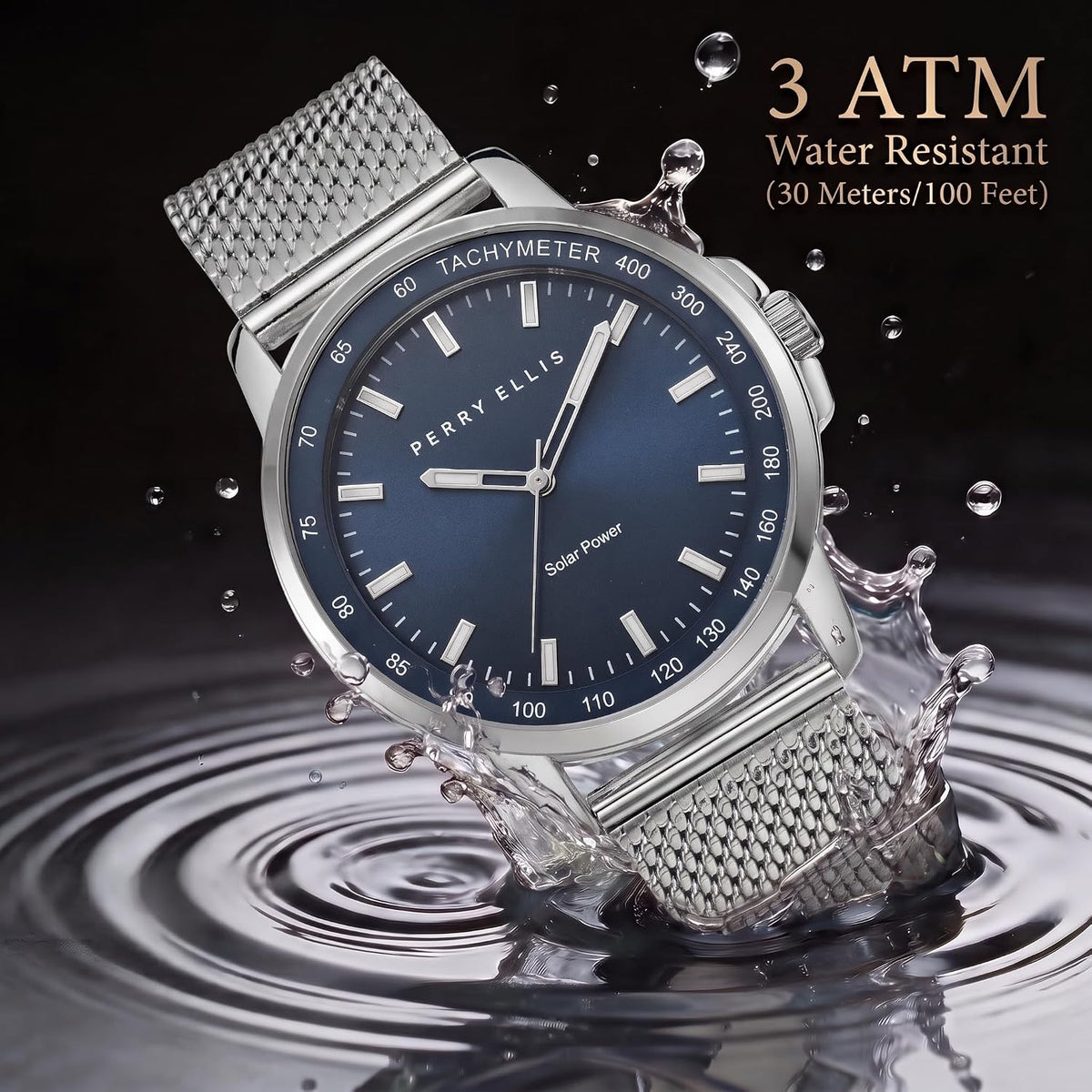 Perry Ellis Reloj para hombre con energía solar | Correa de malla de acero | Relojes de pulsera analógicos resistentes al agua para hombre | Caja de 43mm | Bisel de tacómetro de aluminio | Elegante