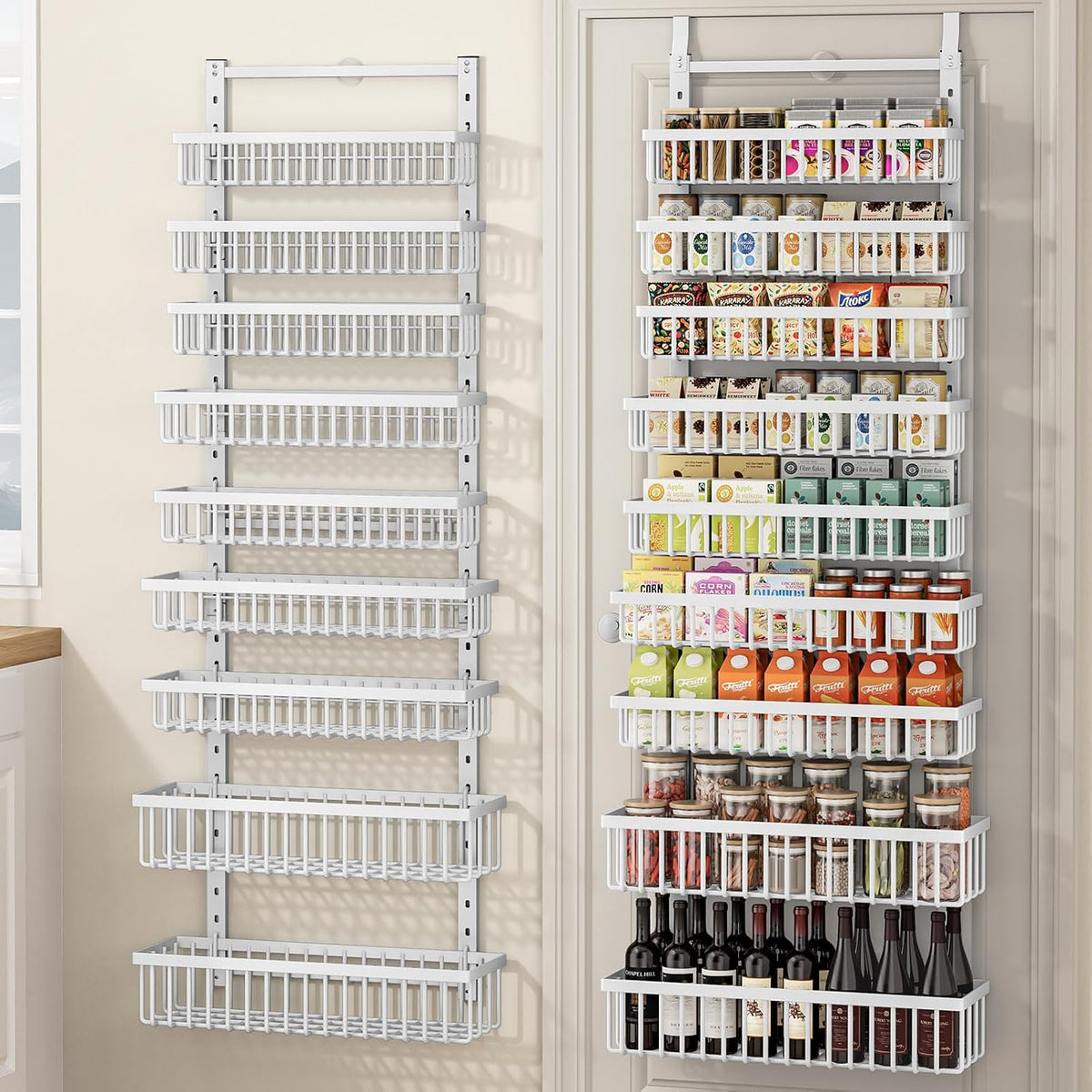 Organizador de despensa de 9 niveles sobre la puerta, soporte de pared 2 en 1 o estante de especias colgante con cesta profunda ajustable, organizador de condimentos resistente y almacenamiento para armario de cocina, armario, baño