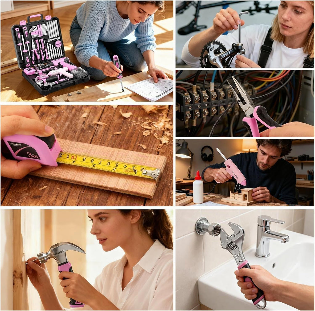 Juego de herramientas de taladro inalámbrico rosa de 188 piezas para mujer, kit de herramientas para caja casera