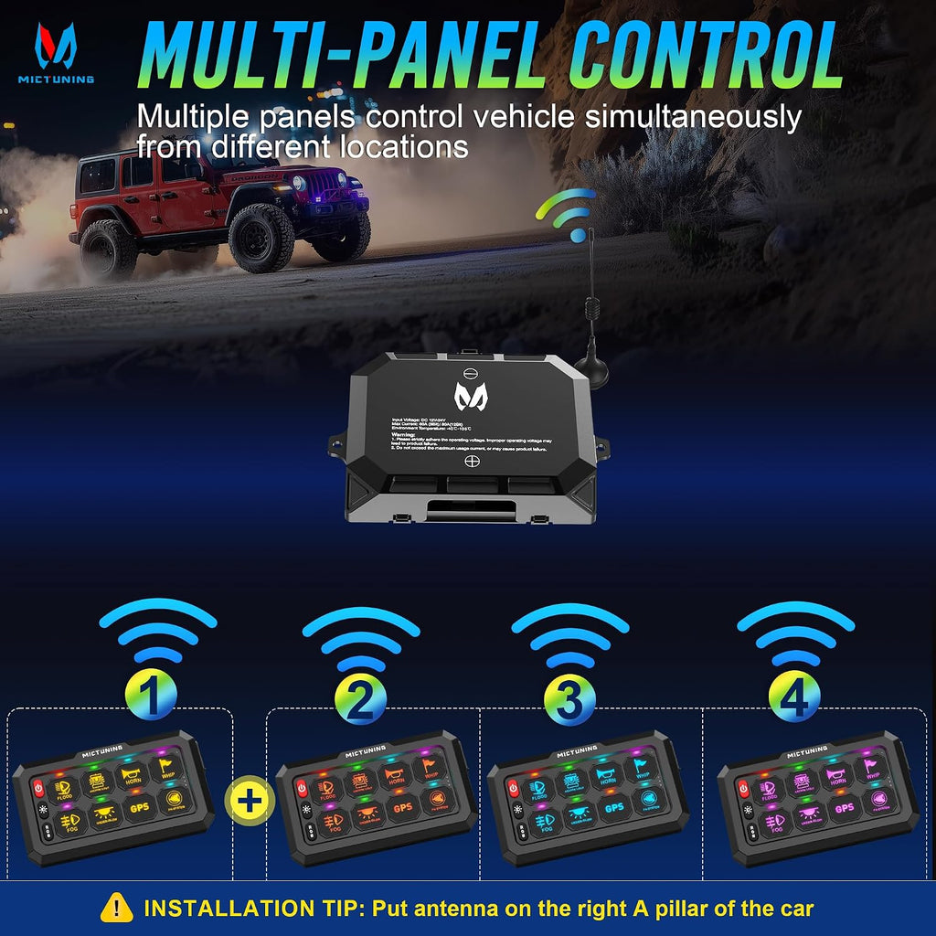 MICTUNING P1s-W Panel de interruptor RGB inalámbrico de 8 cuadras, alcance remoto de 328 pies y 433 MHz
