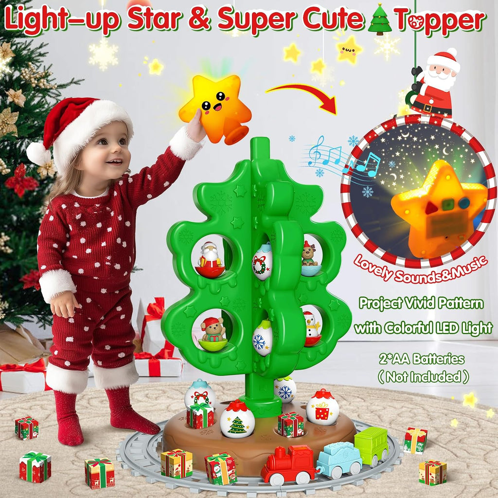 Árbol de Navidad para niños mejorado con estrella en la parte superior con luz, sonido y música, juego de tren de juguete alrededor del árbol para niños de 3 a 5 años, decoración funcional para