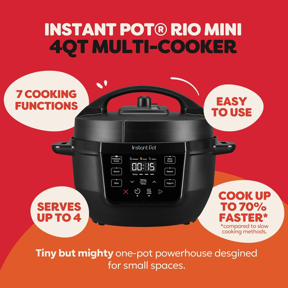 Instant Pot 4QT RIO Mini Multicocina 7 en 1, Olla a Presión, Cocción Lenta, Saltear, Vapor, Arrocera, Yogur y Calentador, Negro, 4 Cuartos
