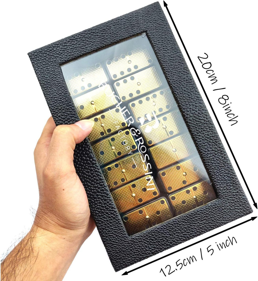 Bucher&Rossini Juego de dominó de superficie de metal doble 6 para adultos y niños – Juego de dominó clásico de 28 piezas de superficie de metal dorado, idea de regalo para jugadores de dominó o noche de juego familiar