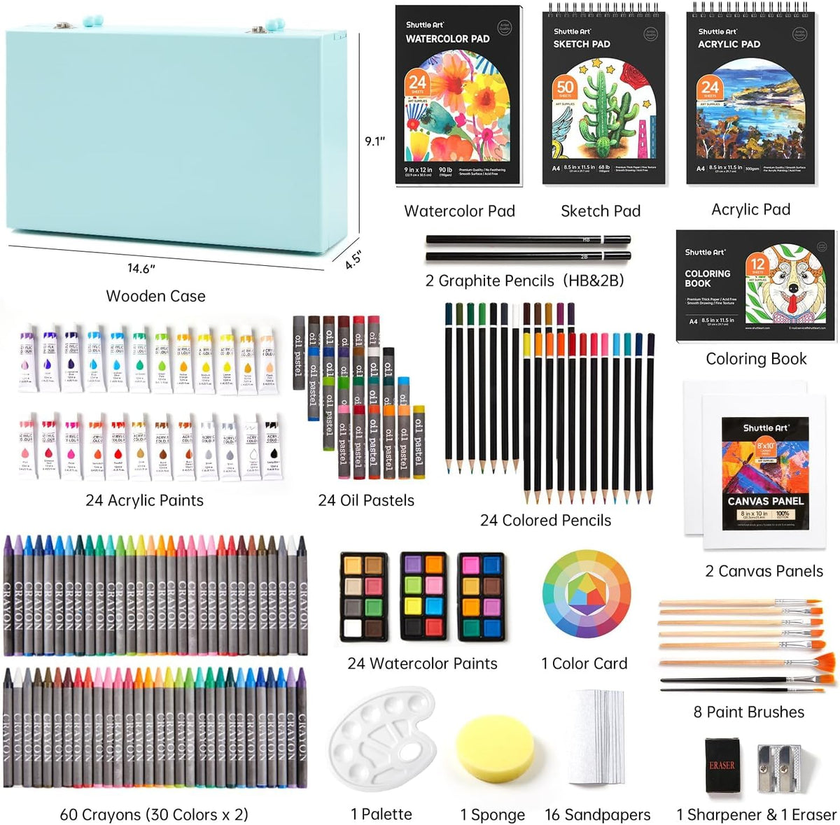 Shuttle Art Kit de arte de regalo de lujo, juego de 202 piezas de suministros de arte de madera con 4 almohadillas de dibujo, lienzos, hojas para colorear, pintura acrílica, crayones y pasteles al óleo, lápices de colores para niños