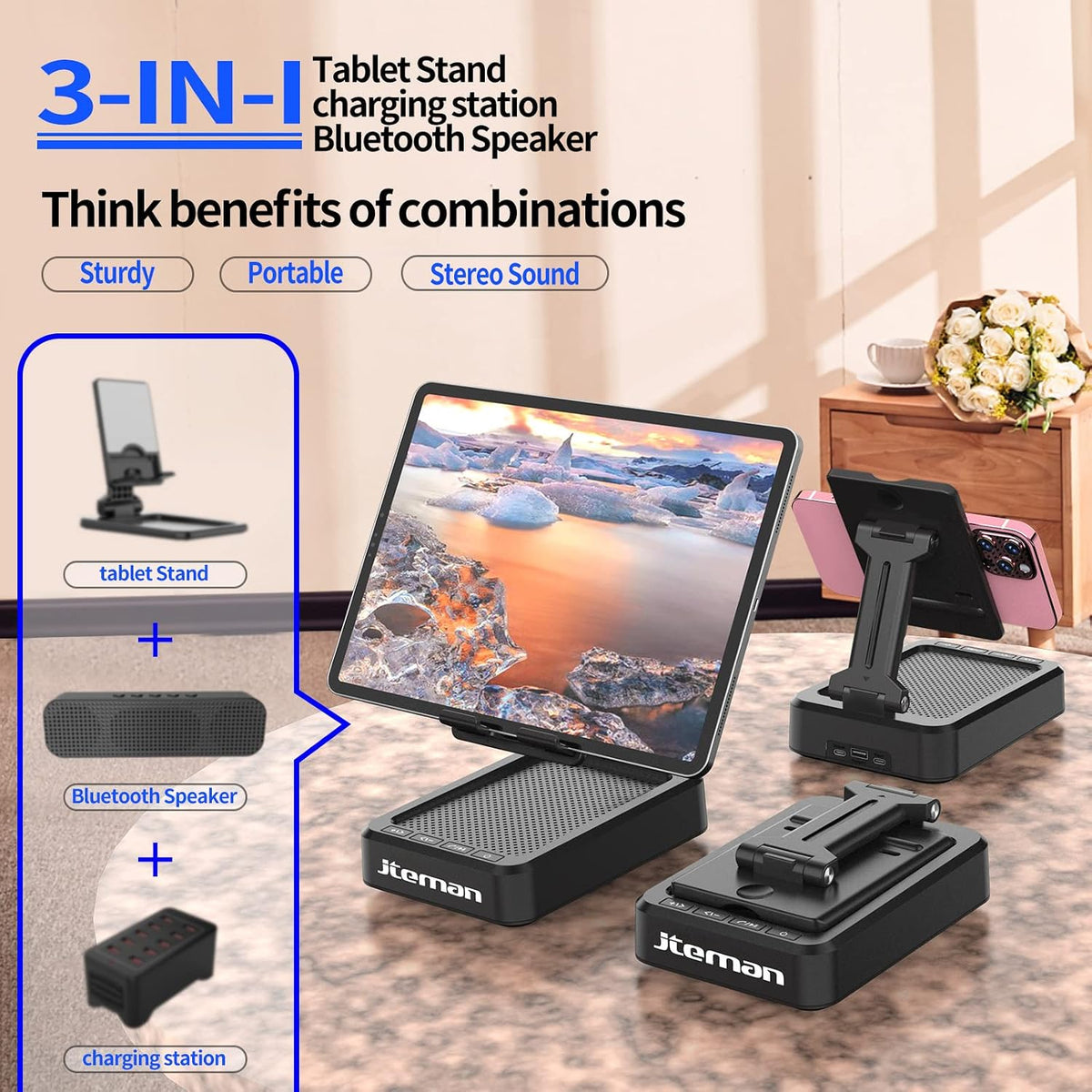 JTEMAN Soporte para tableta con altavoz Bluetooth, base de escritorio