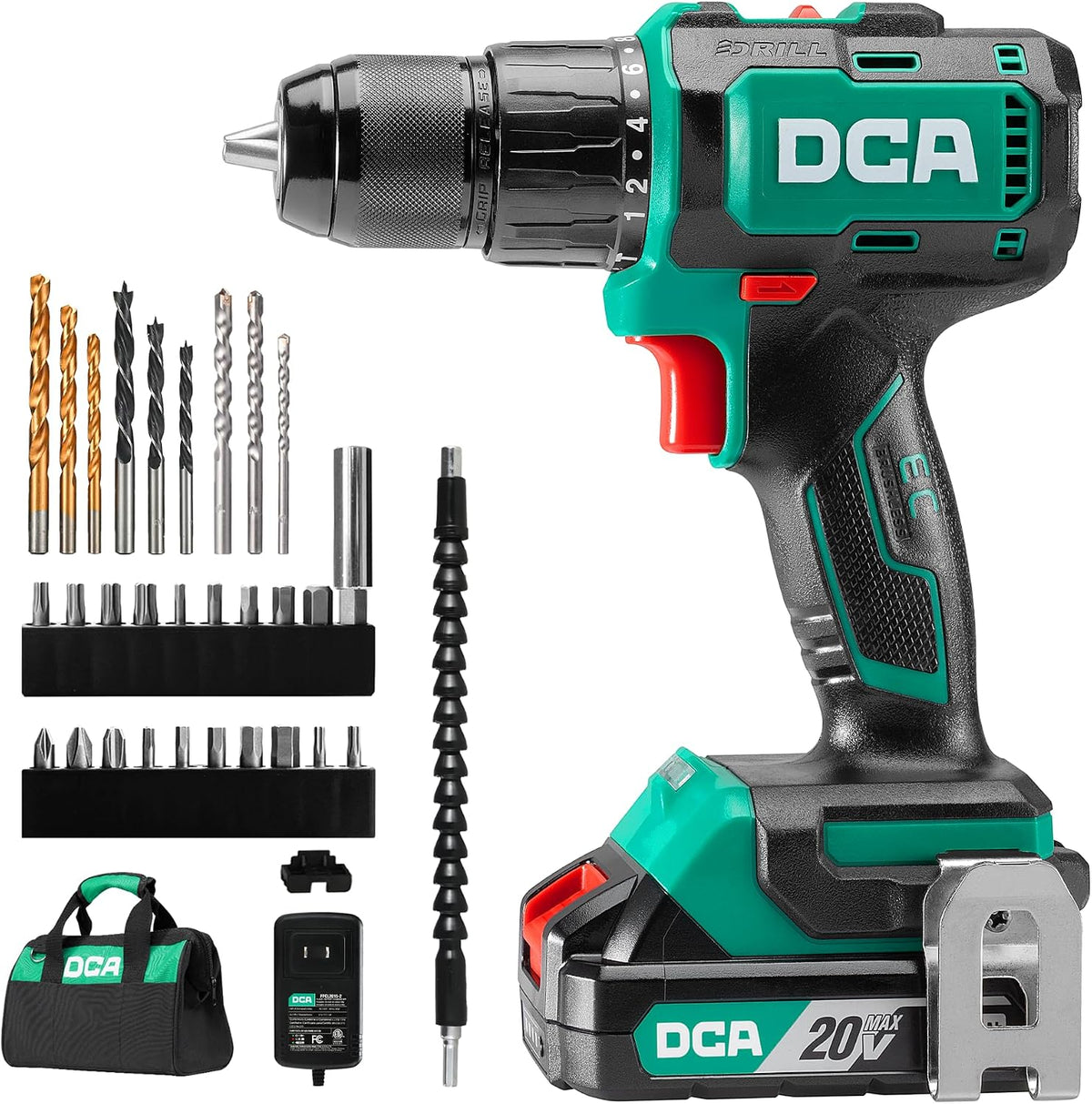 DCA Taladro de Martillo Sin Escobillas de 20V Inalámbrico, Taladro de Impacto de 492 Pulgadas-Libras de Torque, Portabrocas de Metal sin Llave de 1/2 Pulgada, 18+1+1, (0-450/0-1800 RPM), 27000 IPM