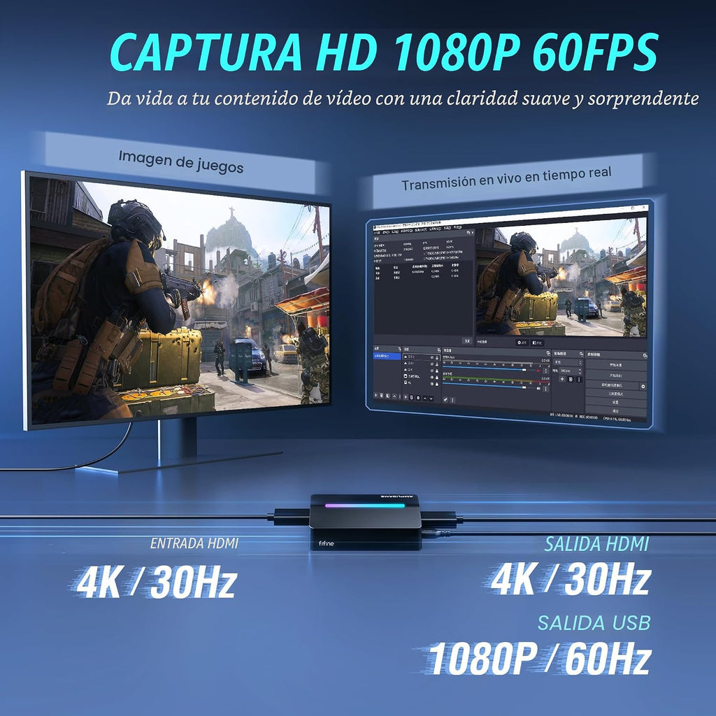 Tarjeta de captura de video Fifine AmpliGame, HD 1080 60fps para audio y video, juegos, transmisión en vivo, tarjeta de captura HDMI 4K a USB compatible con PS4/Windows/Mac OS/Switch/Xbox-V3