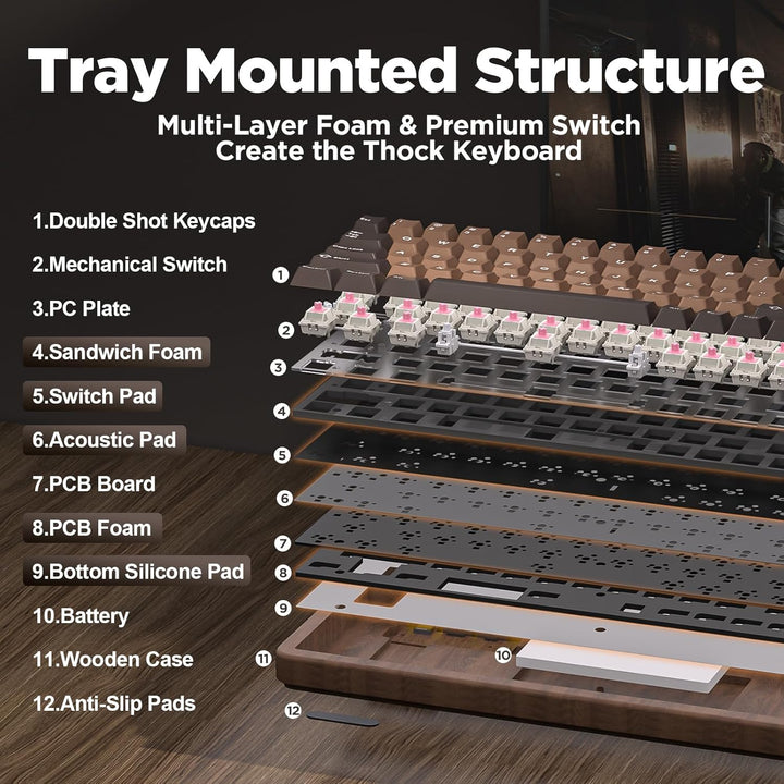 YUNZII WOOD68 Teclado mecánico inalámbrico, teclado de madera para...