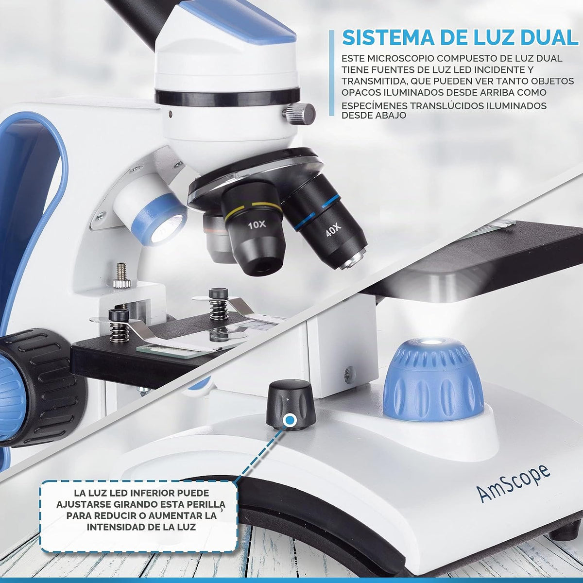 AmScope M162C-2L-PB10-WM "Galardonado en 2018 como el mejor kit de microscopio para estudiantes y niños" - Microscopio todo metal de 40X-1000X con luz dual, con portaobjetos y libro de microscopio