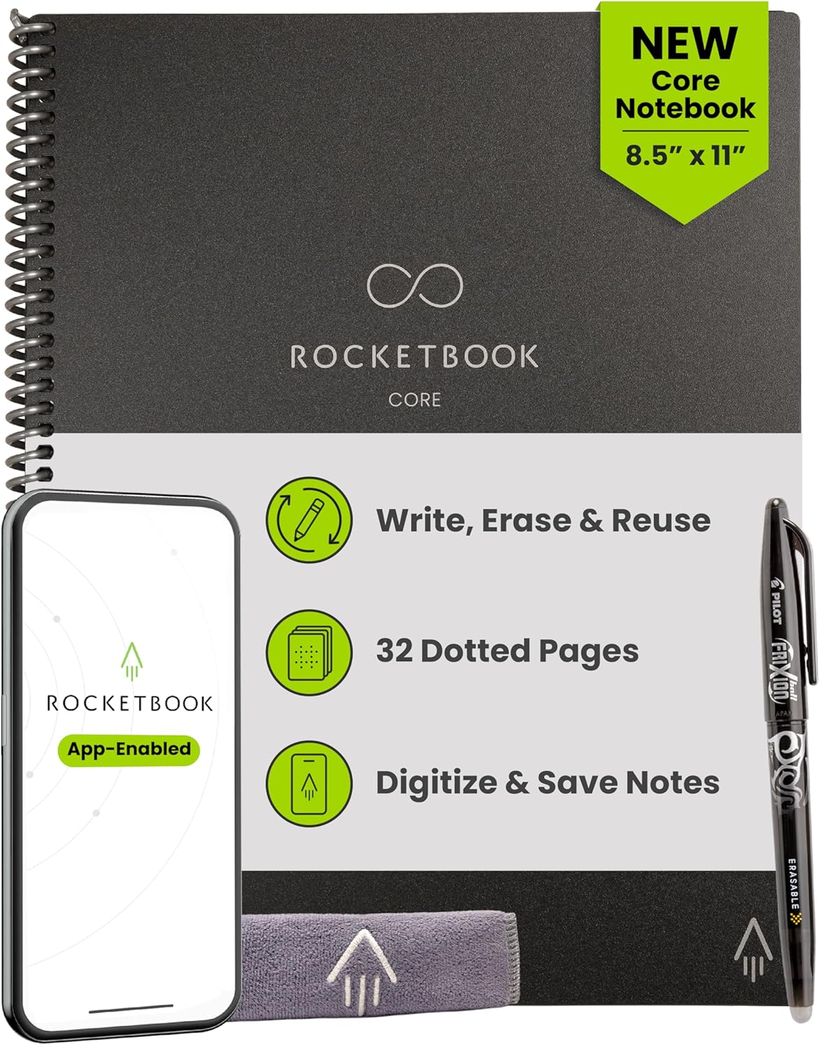 Rocketbook Core - Cuaderno inteligente reutilizable, tamaño carta, 8.5 x 11