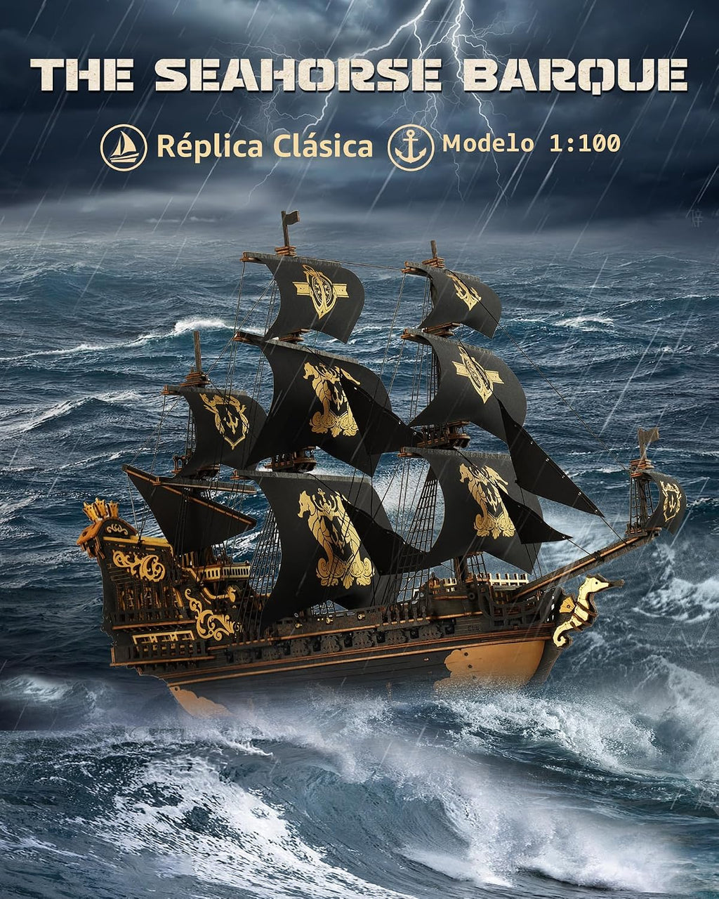 ROKR Seahorse Barque - Rompecabezas de madera 3D para adultos, kit de modelo de velero, ensamblaje de 603 piezas, velero a escala 1:100 MCB02