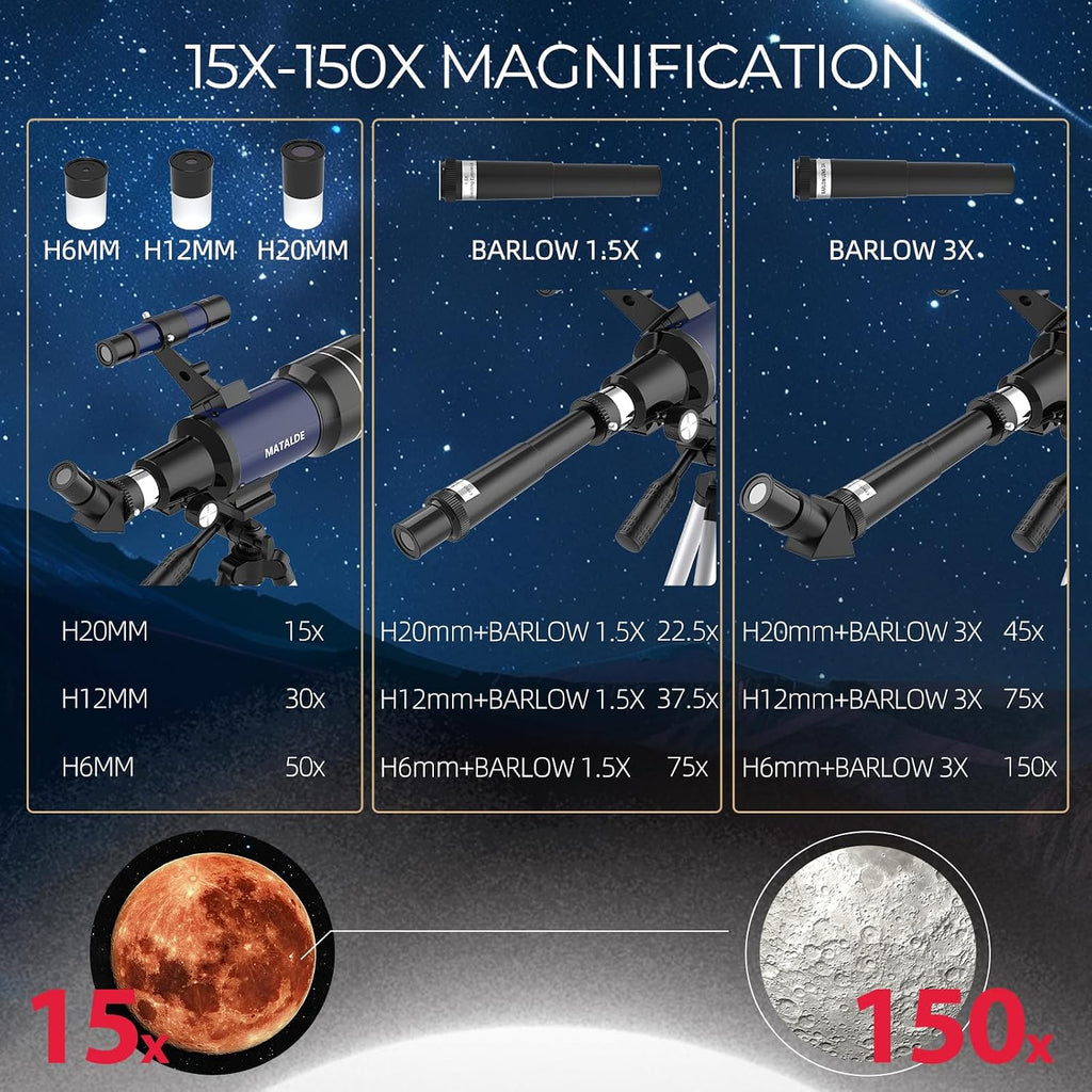Telescopio para niños y principiantes, 2.756 in de apertura (15X-150X) AZ Mount Telescopios para astronomía, telescopio refractor portátil con trípode, adaptador de teléfono