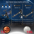 Telescopio para niños y principiantes, 2.756 in de apertura (15X-150X) AZ Mount Telescopios para astronomía, telescopio refractor portátil con trípode, adaptador de teléfono