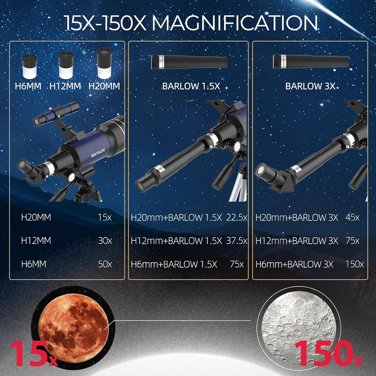 Telescopio para niños y principiantes, 2.756 in de apertura (15X-150X) AZ Mount Telescopios para astronomía, telescopio refractor portátil con trípode, adaptador de teléfono