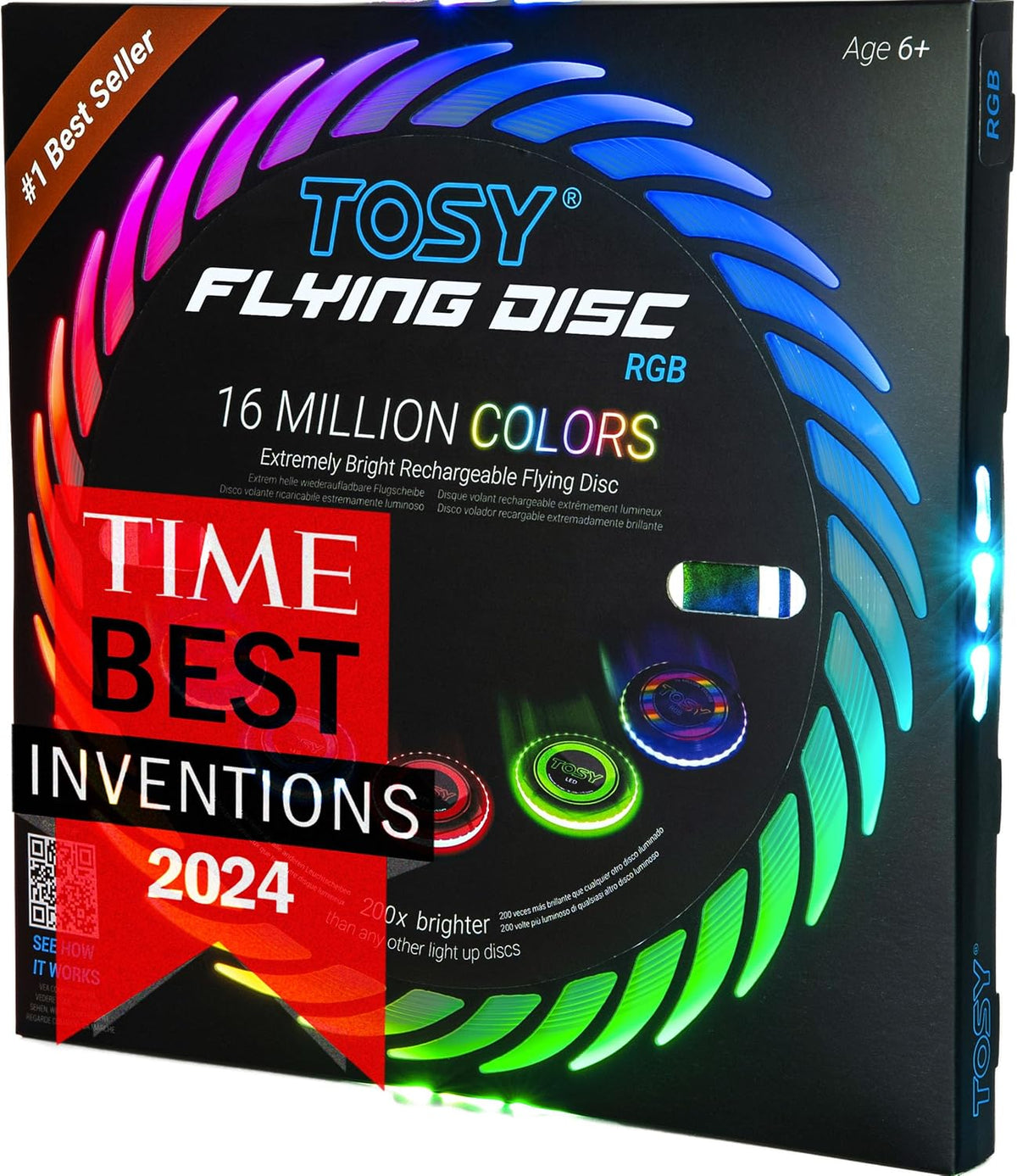 TOSY Flying Disc - 16 Million Colors RGB o 36 LEDs, Extremely Bright, Smart Modes, Camping Essentials para Teens/Kids/Adults/Men/Boys/Girls, Auto Light Up, Rechargeable, Waterproof, 175g