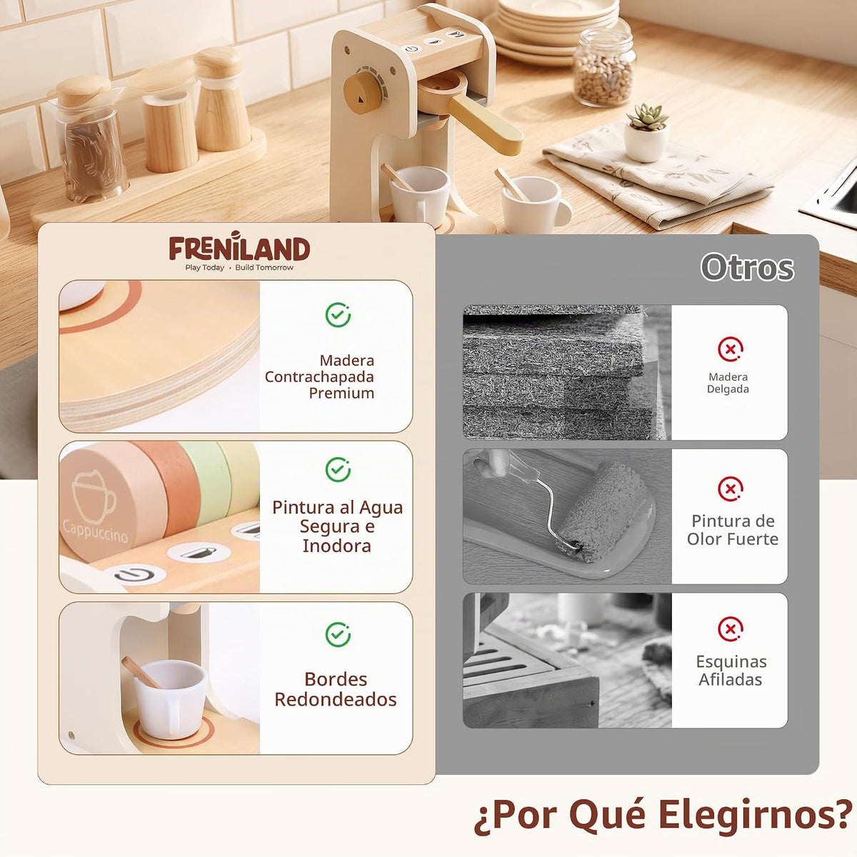 Freniland Juguete clásico de madera para cafetera, juego para preparar y servir para niños pequeños, juguete educativo de cocina para niños a partir de 3 años