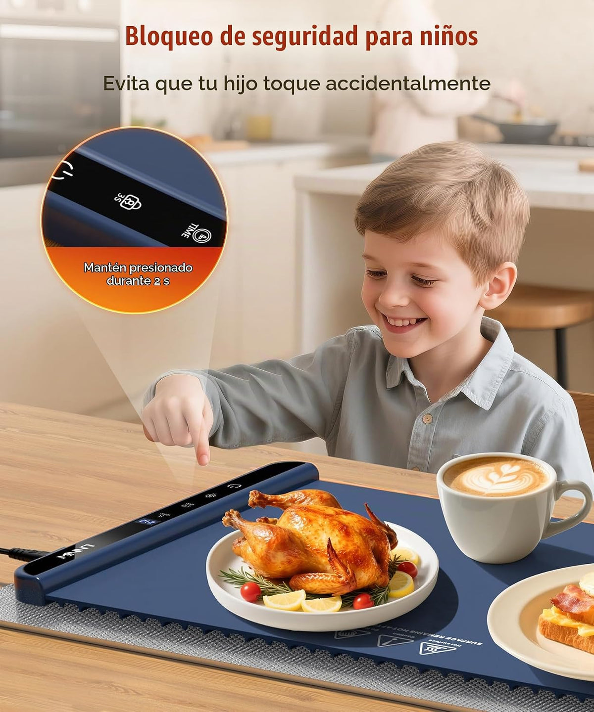 Tapete Calentador para Alimentos, 26x15 Pulgadas, Azul Oscuro, Calor Rápido, Bloqueo para Niños