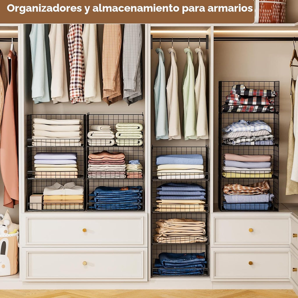 Organizadores de armario apilables de 4 niveles y estantes de almacenamiento, organizador de estantes plegables de armario, negro (protección de patentes) (patente n.º 30022416)