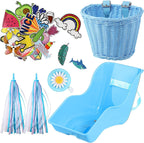 Asiento de bicicleta de muñeca con 30 calcomanías de calcomanías, cesta de bicicleta para niños, manillar de bicicleta, cintas coloridas, borla, margarita, campana de bicicleta para niñas