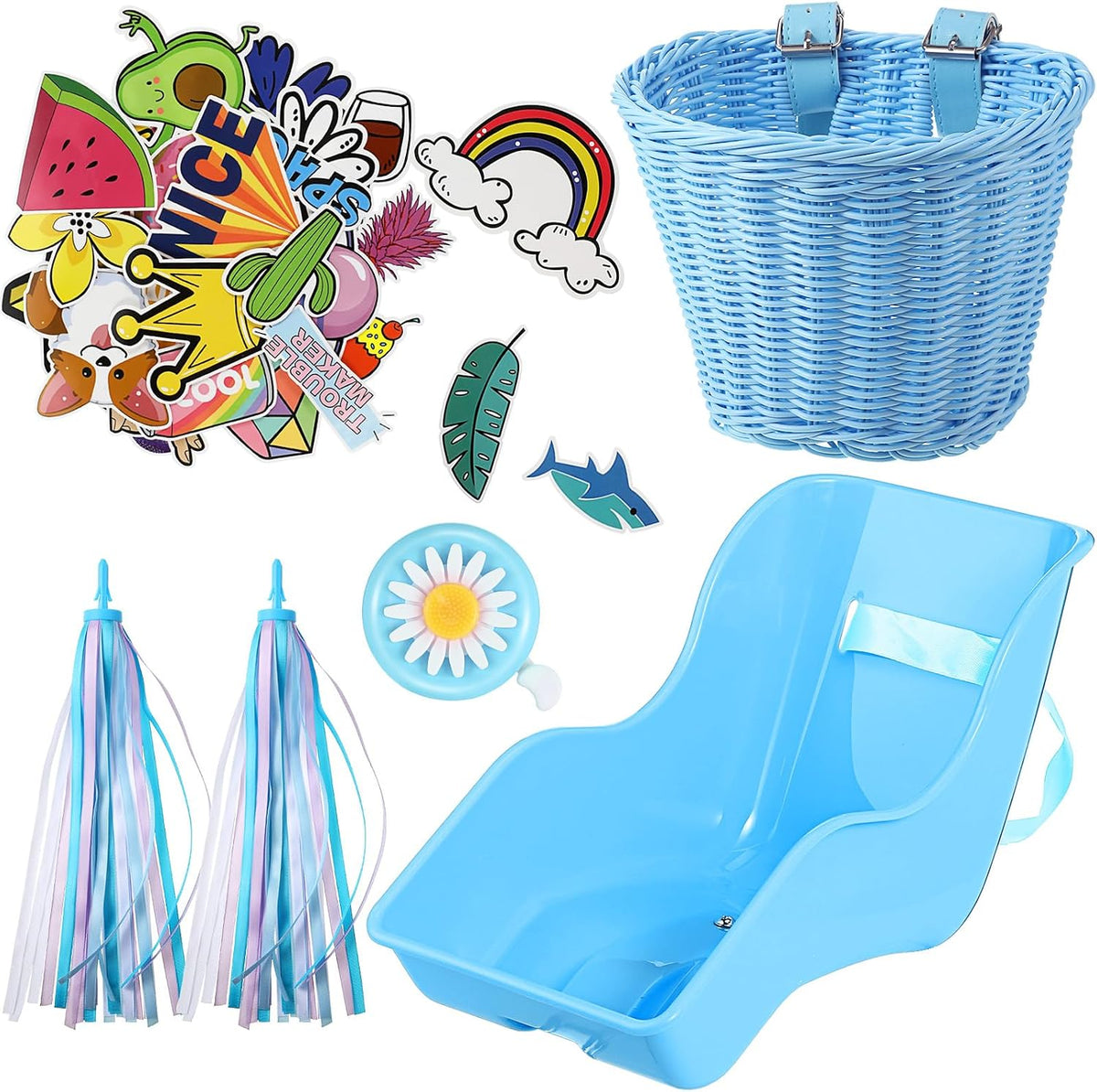 Asiento de bicicleta de muñeca con 30 calcomanías de calcomanías, cesta de bicicleta para niños, manillar de bicicleta, cintas coloridas, borla, margarita, campana de bicicleta para niñas