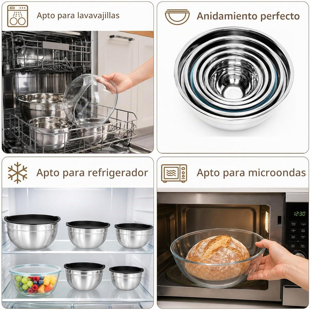 Juego de 7 cuencos para mezclar con tapas herméticas, cuenco de vidrio apto