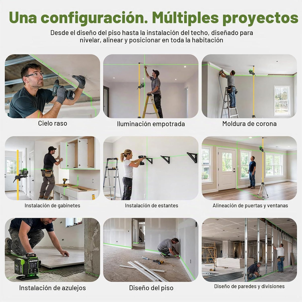Huepar Nivel láser 4D W04CG con poste de 12 pies, kit láser verde de 360°