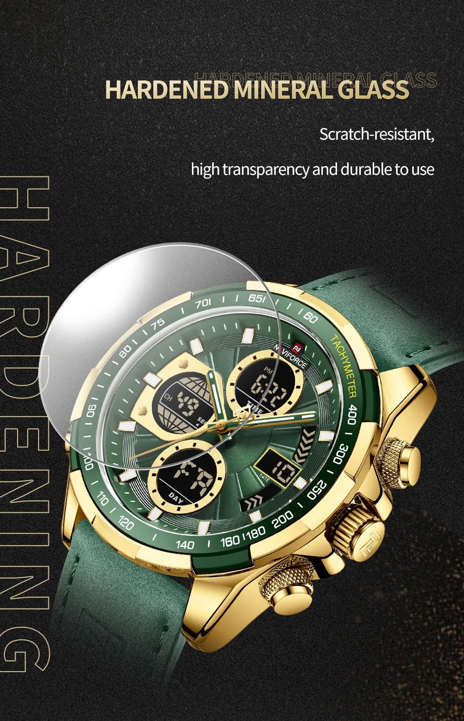 NAVIFORCE Relojes militares digitales para hombre, reloj analógico de cuarzo, resistente al agua, deportivo, multifuncional, correa de cuero, reloj de pulsera