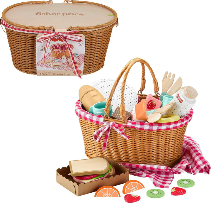 Fisher-Price Cesta de picnic de juguete de simulación de madera, ju...