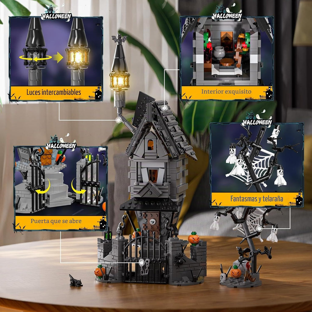 Juego de construcción de mansión embrujada de Halloween 2026, juego de bloques de construcción de casa embrujada antes de Navidad, calabazas que brillan en la oscuridad y fantasmas esqueléticos