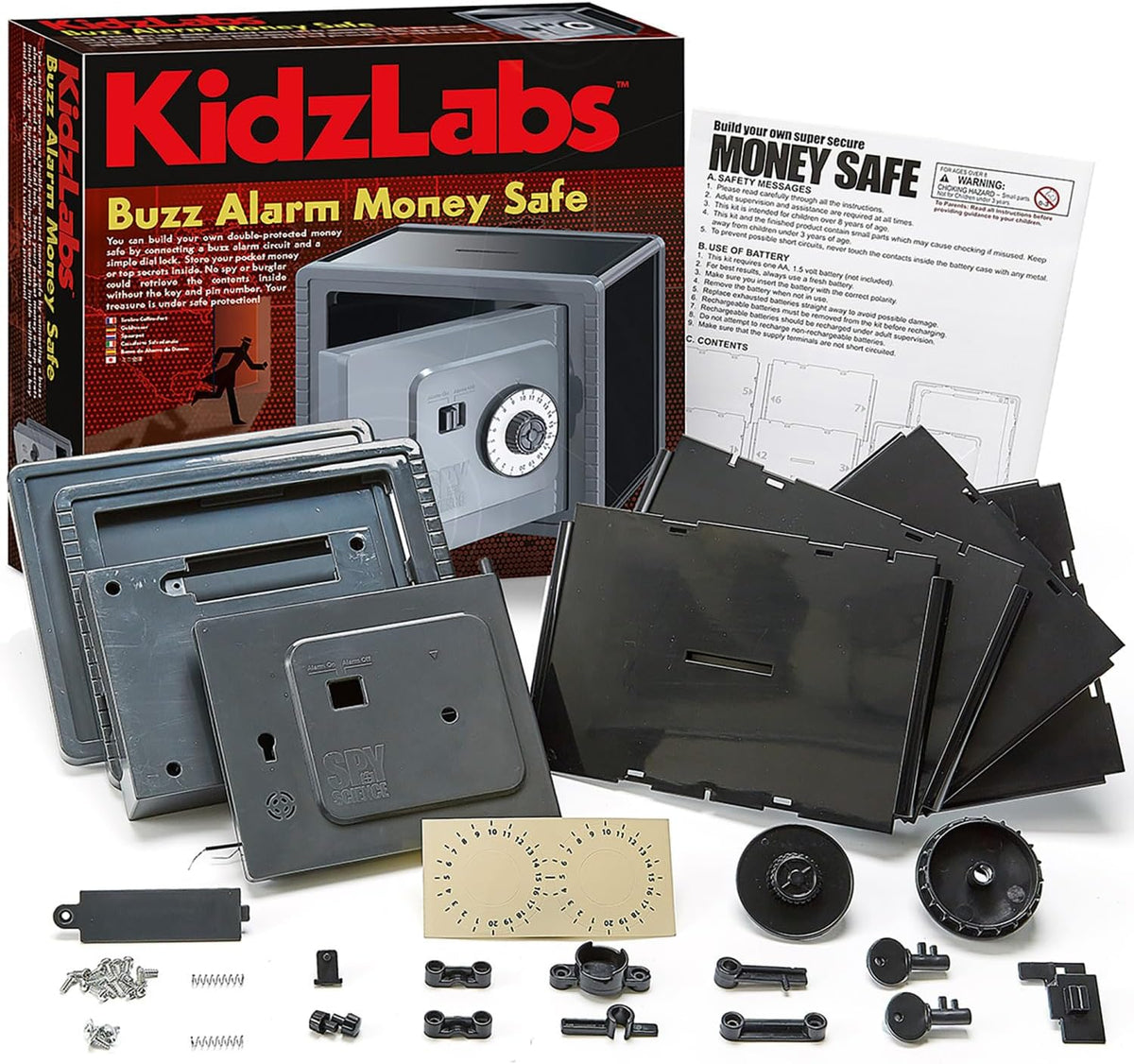 4M: KidsLabs - Caja fuerte para dinero con alarma de zumbido - Kit de construcción de alcancía eléctrica para bricolaje, pin de bloqueo, montaje de circuito, ingeniería mecánica, proyecto STEM, niños