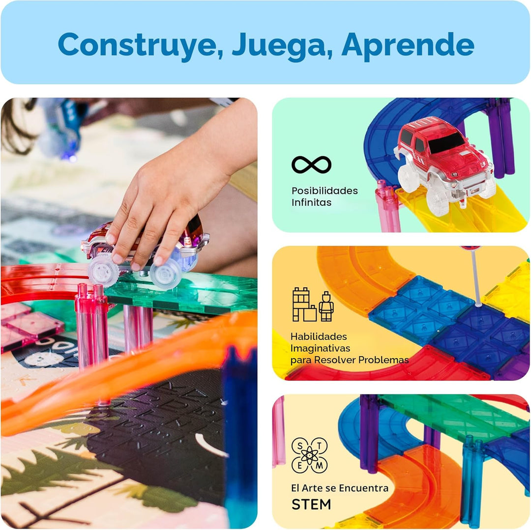 PicassoTiles Juego de azulejos magnéticos para carreras de autos em...