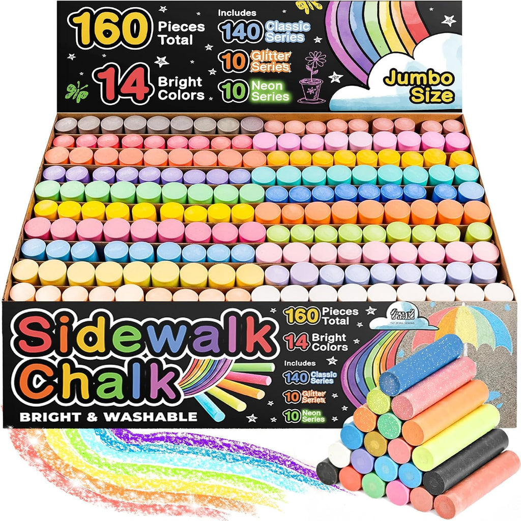 160 tizas para acera para niños - 14 colores, 10 con purpurina, 10 neón, tizas jumbo no tóxicas y lavables - Set a granel de pintura para exteriores para niños y niños pequeños - Juguetes de pizarra
