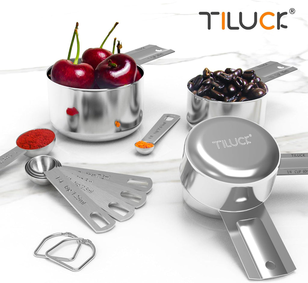 Juego de tazas y cucharas medidoras de acero inoxidable, cuchara de