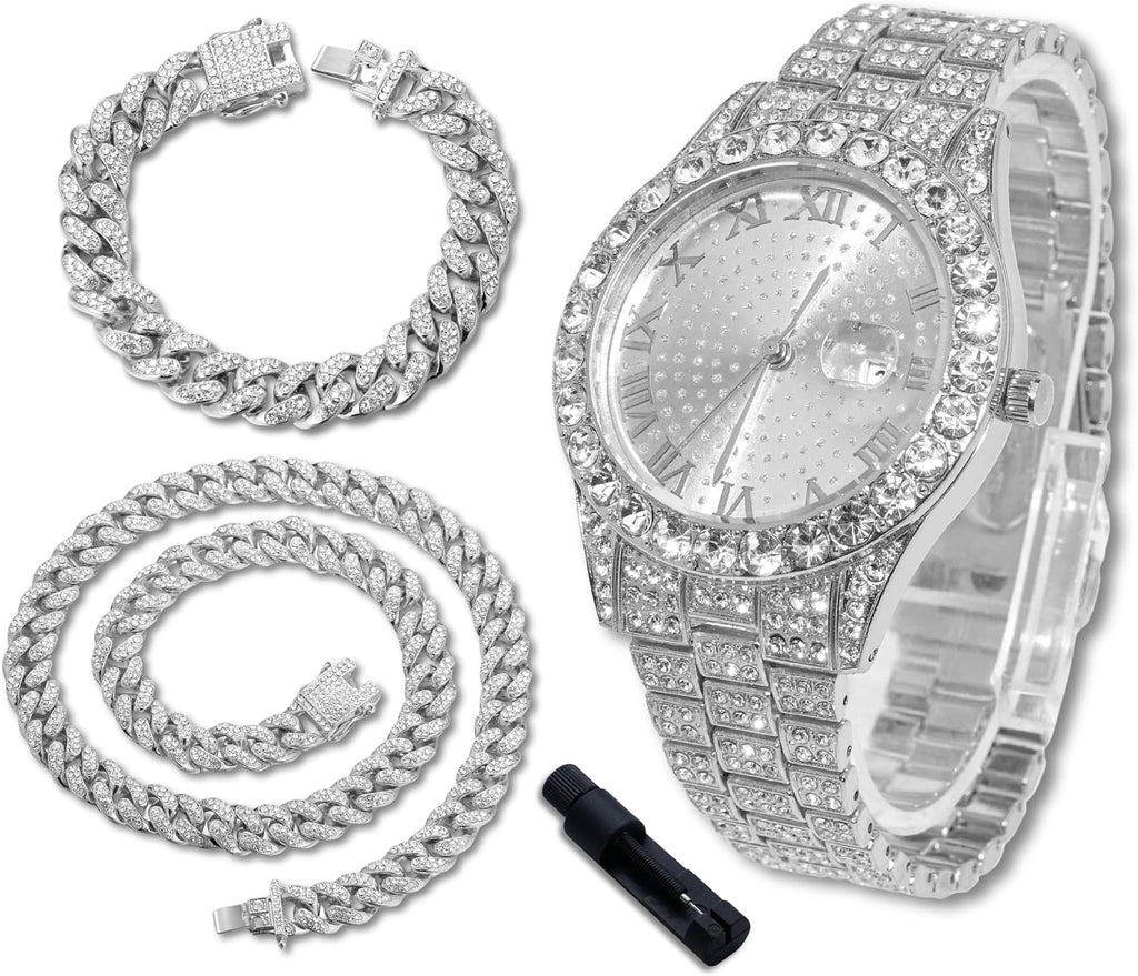 Reloj de Lujo con Diamantes para Niños y Adolescentes - Bling con Hielo 18K Chapado en Oro Real/Platino - Esfera Redonda de 43mm, Correa de 20.3 cm - Herramienta de Ajuste Incluida - Opcional