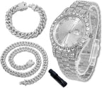 Reloj de Lujo con Diamantes para Niños y Adolescentes - Bling con Hielo 18K Chapado en Oro Real/Platino - Esfera Redonda de 43mm, Correa de 20.3 cm - Herramienta de Ajuste Incluida - Opcional