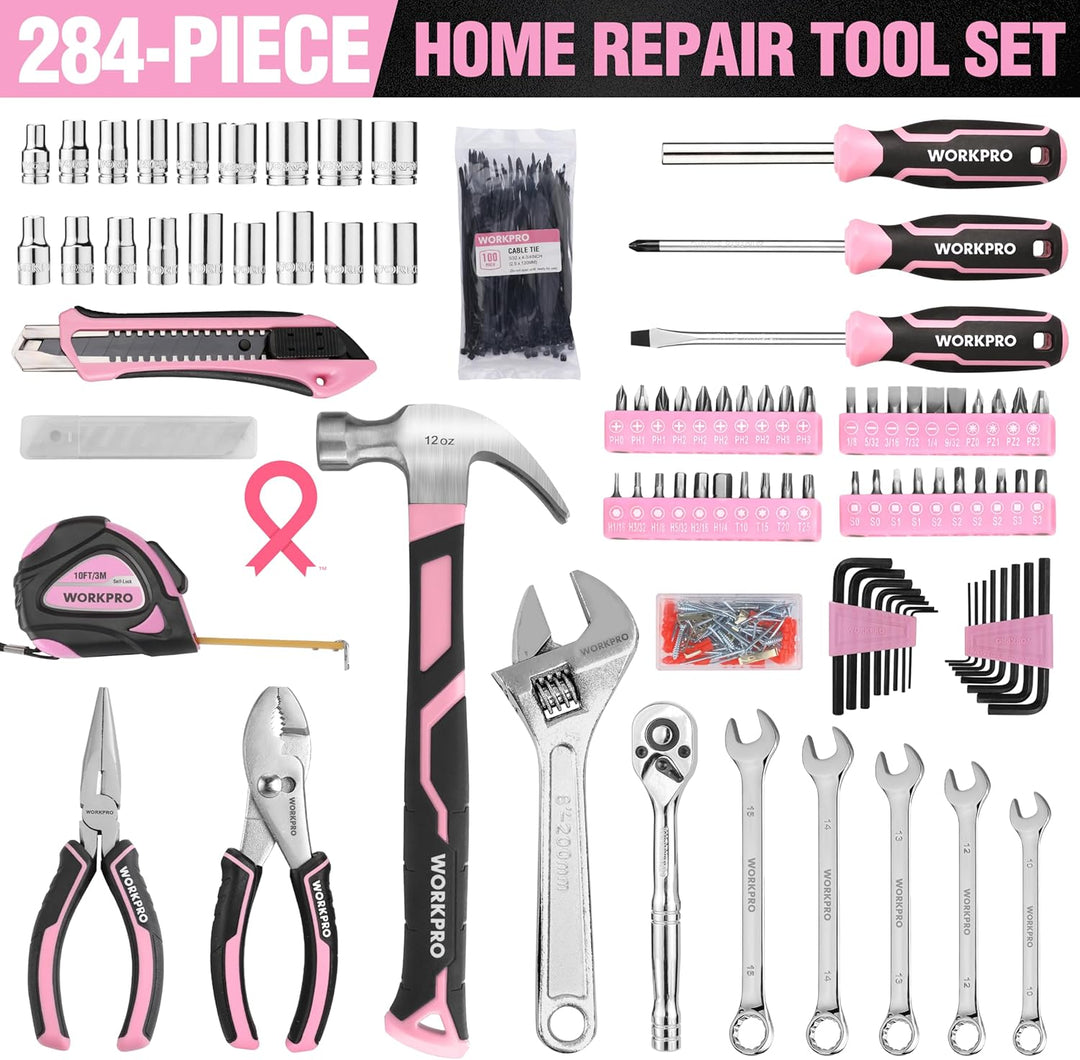 WORKPRO Juego de herramientas rosa, kit de 284 piezas para mujeres,...