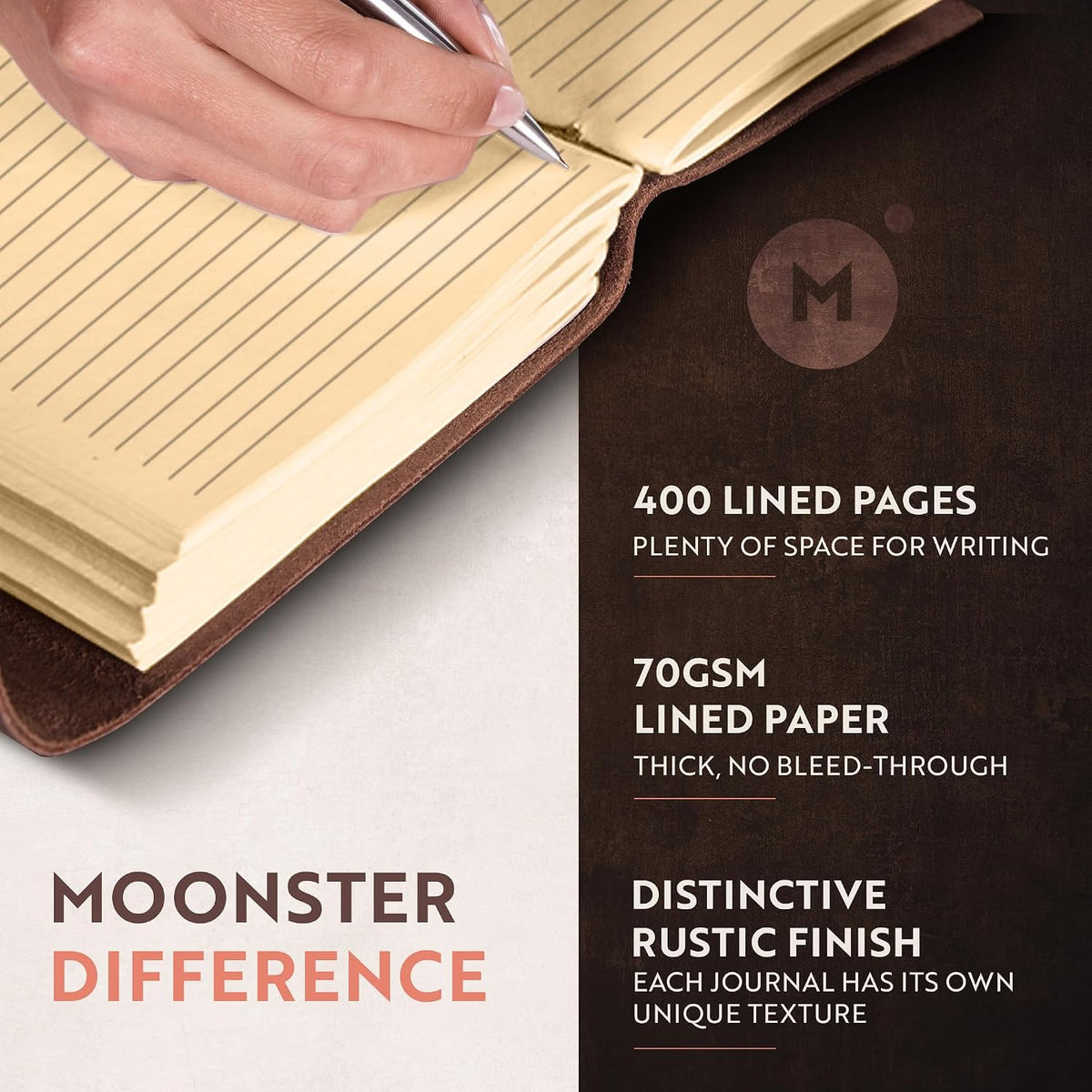 MOONSTER® - Cuaderno de papel rayado de cuero para escribir para mujeres y hombres, cuadernos grandes a rayas de 8 x 6 pulgadas, papel kraft con 400 páginas, papel rayado no recargable con rayas