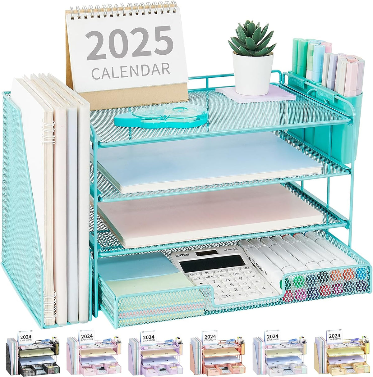 Organizador de escritorio, organizador de archivos de escritorio de 4 niveles con cajón y soportes para bolígrafos, accesorios de escritorio de oficina, clasificadores de archivos, organizadores de espacio de trabajo para suministros de oficina (verde azu