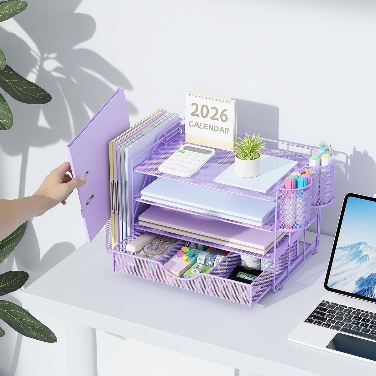 gianotter Organizadores de Escritorio y Accesorios con Portalibros, Accesorios de Escritorio de 4 Niveles y Organizadores de Espacio de Trabajo con Cajón y 2 Porta Lápices, Organizador de Papeles para Suministros de Oficina (Purple)
