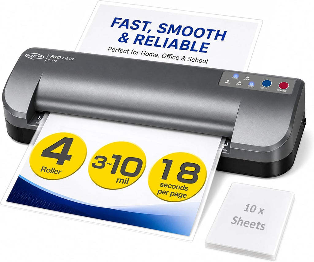 SINCHI Laminador térmico de 13 pulgadas y aplicador de lámina, 3 a 10 mil, 4 rodillos, calentamiento de 55 segundos, 18 segundos/página, apagado automático, máquina de laminación de grado comercial con 10 bolsas para oficina, escuela, manualidades y