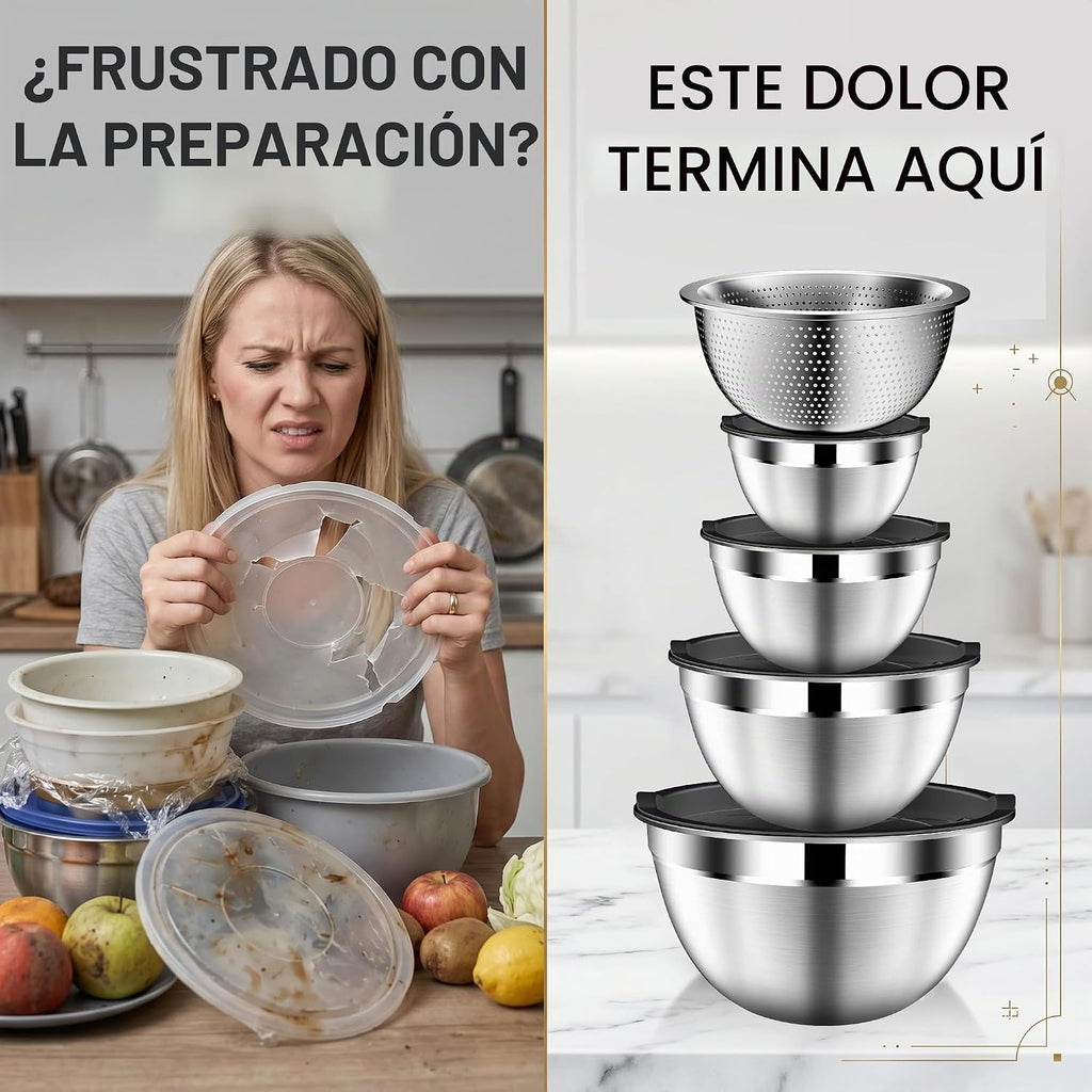 Juego de tazones para mezclar con tapas, tazón de mezcla de acero