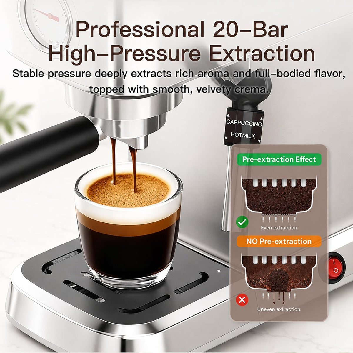 MEGAWISE Máquina de café expreso de 20 bares | Cafetera compacta de acero inoxidable con espumador de leche de vapor, tanque extraíble | Máquina de café con leche de capuchino para el hogar, color