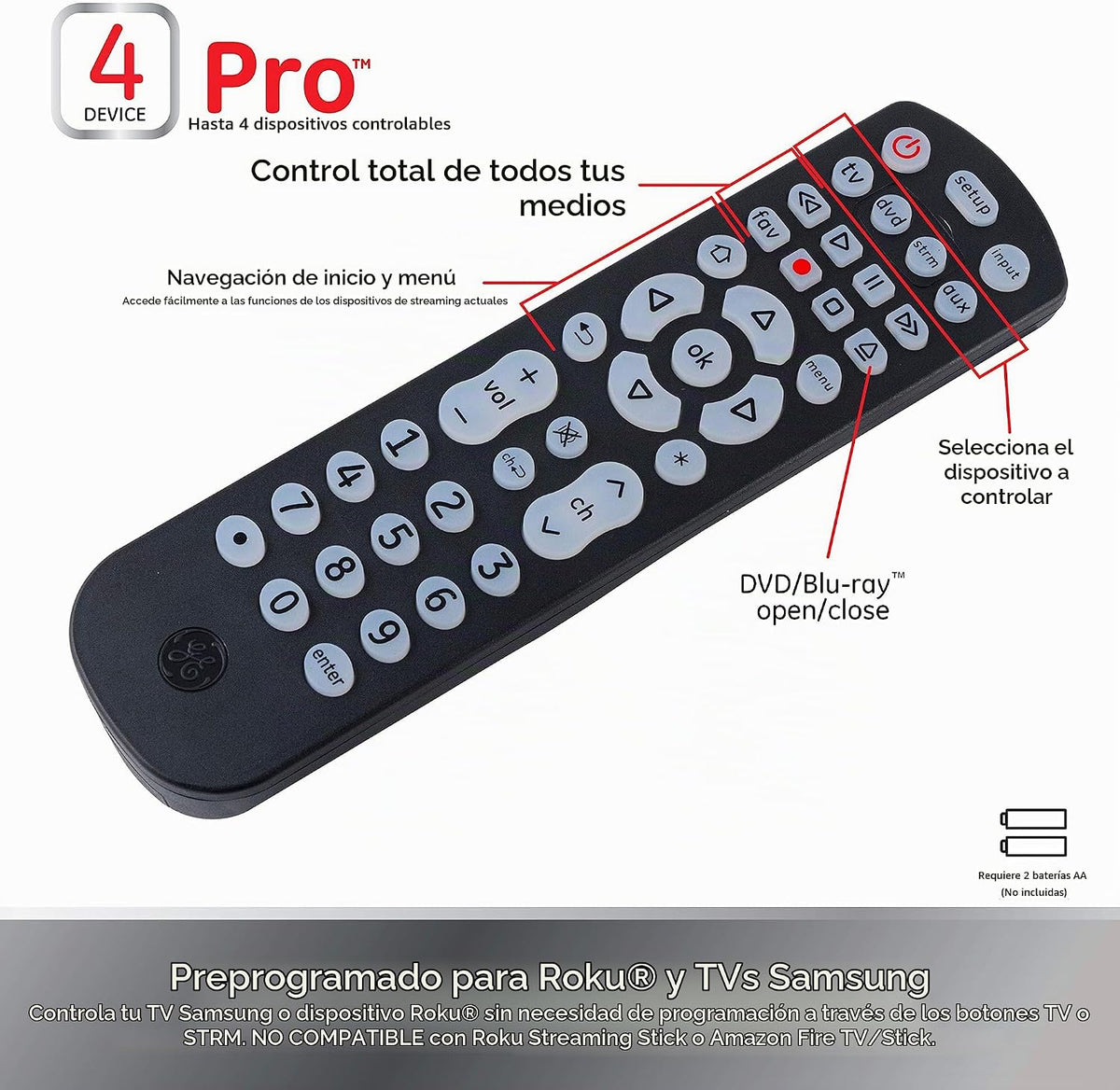 Control remoto universal retroiluminado por GE, funciona para Samsung