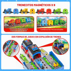 Juego de tren de juguete 2 en 1 para niños pequeños, base de tren de catapulta con grúa torre móvil, 8 pequeños trenes magnéticos, efecto de luz y sonido, juguete de camión de expulsión para niños