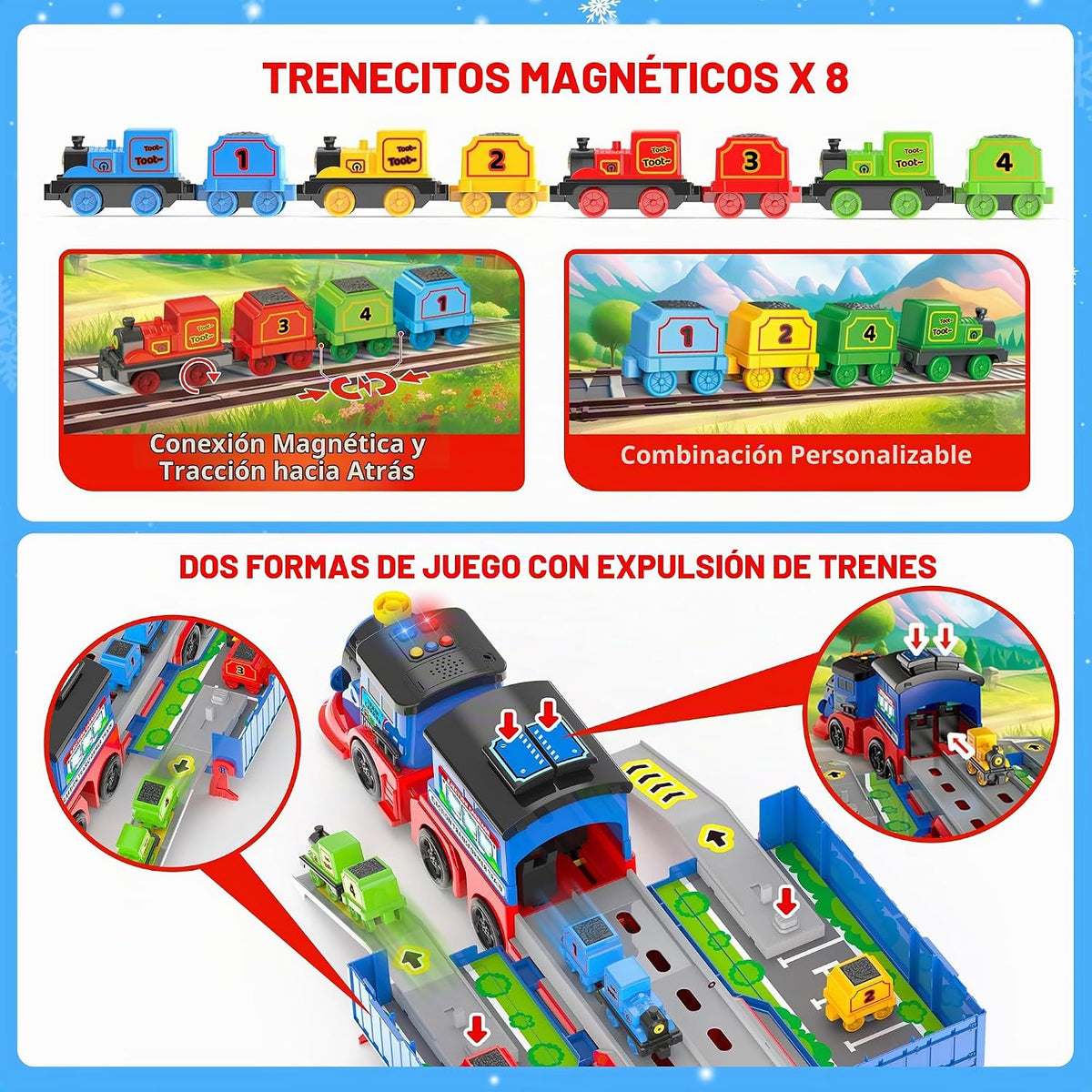 Juego de tren de juguete 2 en 1 para niños pequeños, base de tren de catapulta con grúa torre móvil, 8 pequeños trenes magnéticos, efecto de luz y sonido, juguete de camión de expulsión para niños